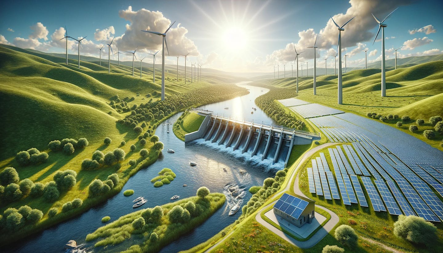 Ein Laufwasserkraftwerk mit Solaranlagen und Windkraftanlagen